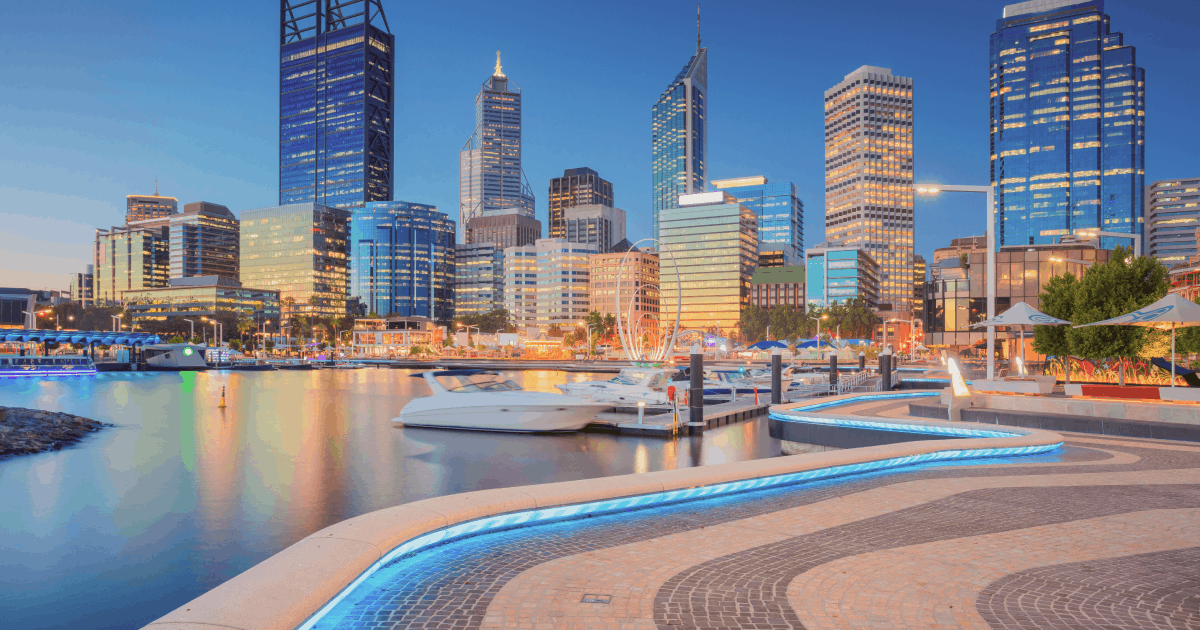 The Perth CBD with a river and high rise buildings.
