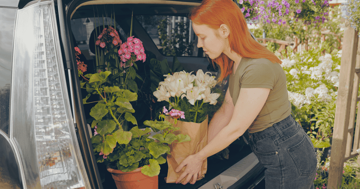 A woman with red hair putting a pot with white flowers down